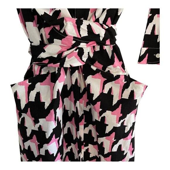 Samantha Sung Pink Black Houndstooth Print Shirt Dress Wrap Belt Pockets Size S - Picture 10 of 11